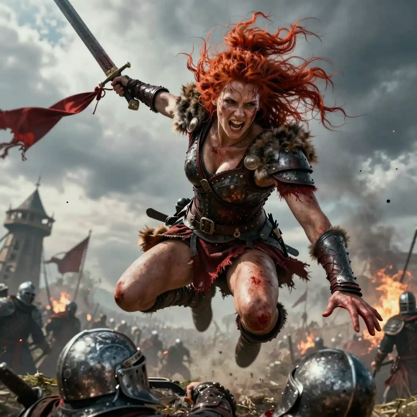 A red-haired warrior leaps into battle beneath smoky skies