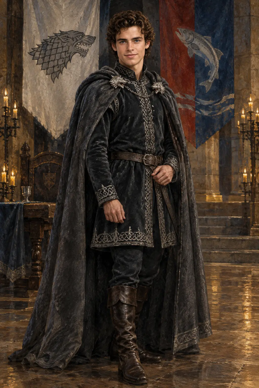 A young nobleman poses in Renaissance attire inside a castle hall