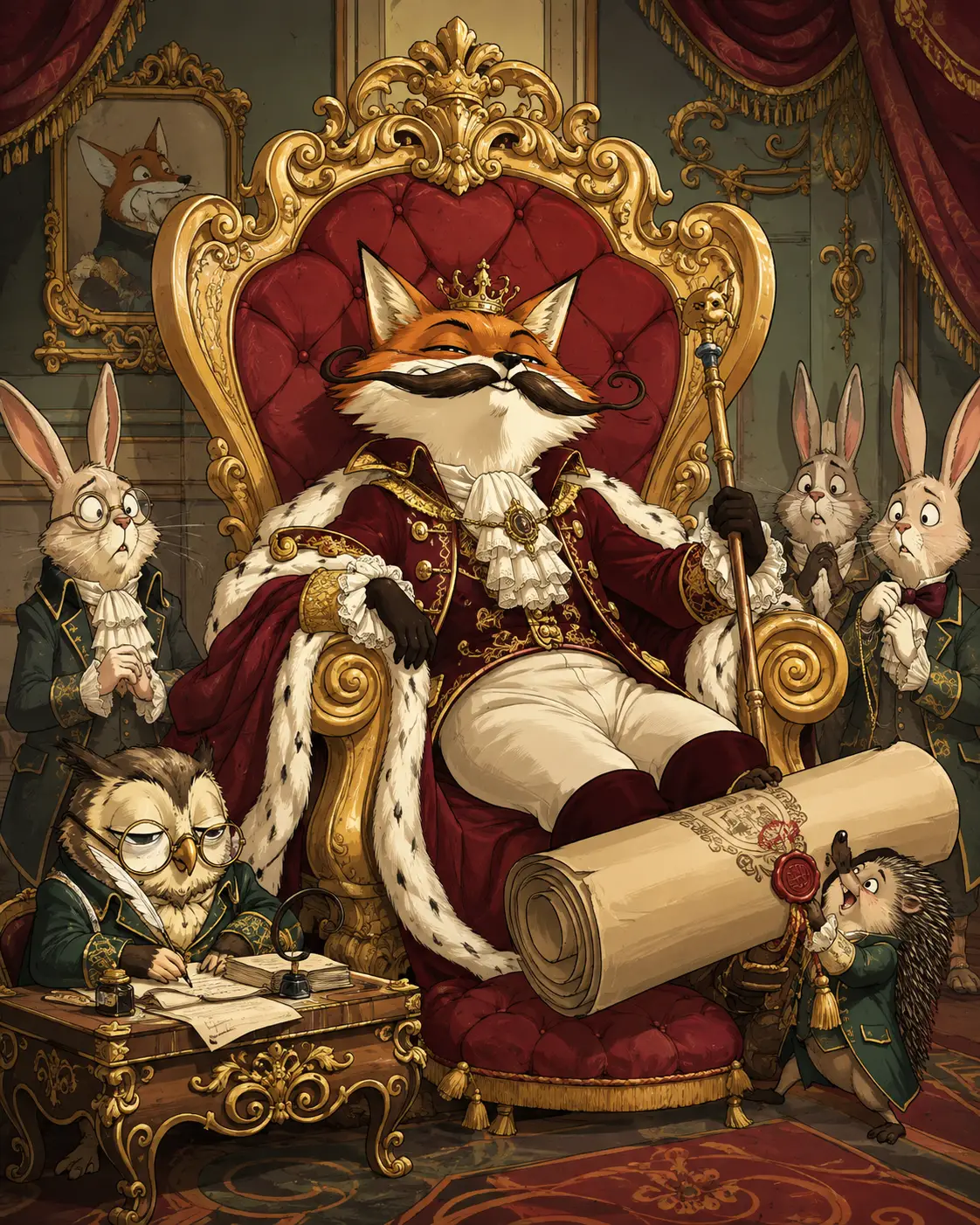 A proud fox king reigns from an oversized golden throne