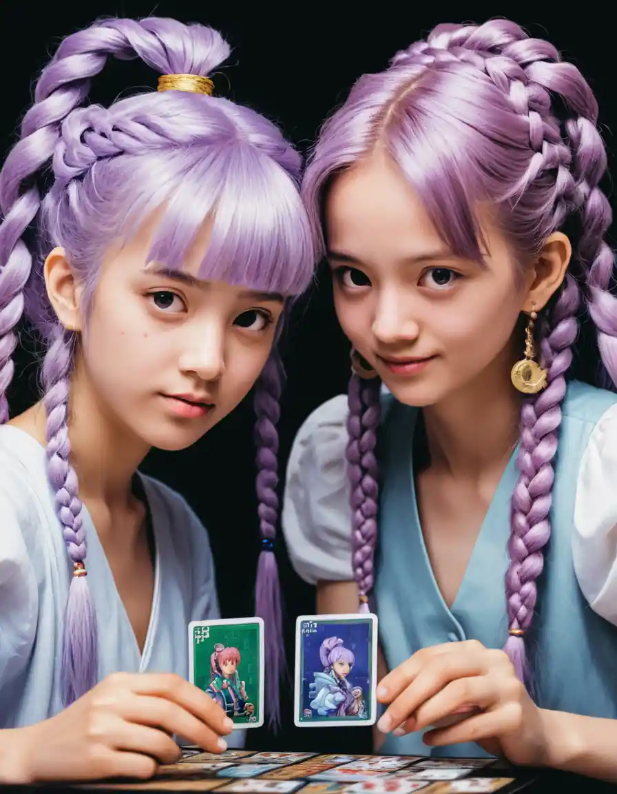 Ragazze in pixel art giocano insieme a Go in una scena ispirata alle carte collezionabili