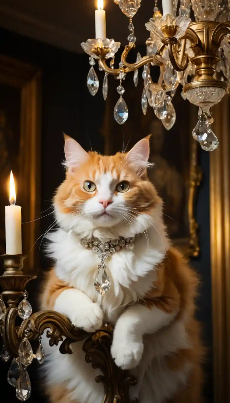 Un gatto rosso e bianco si aggrappa a un lampadario di cristallo
