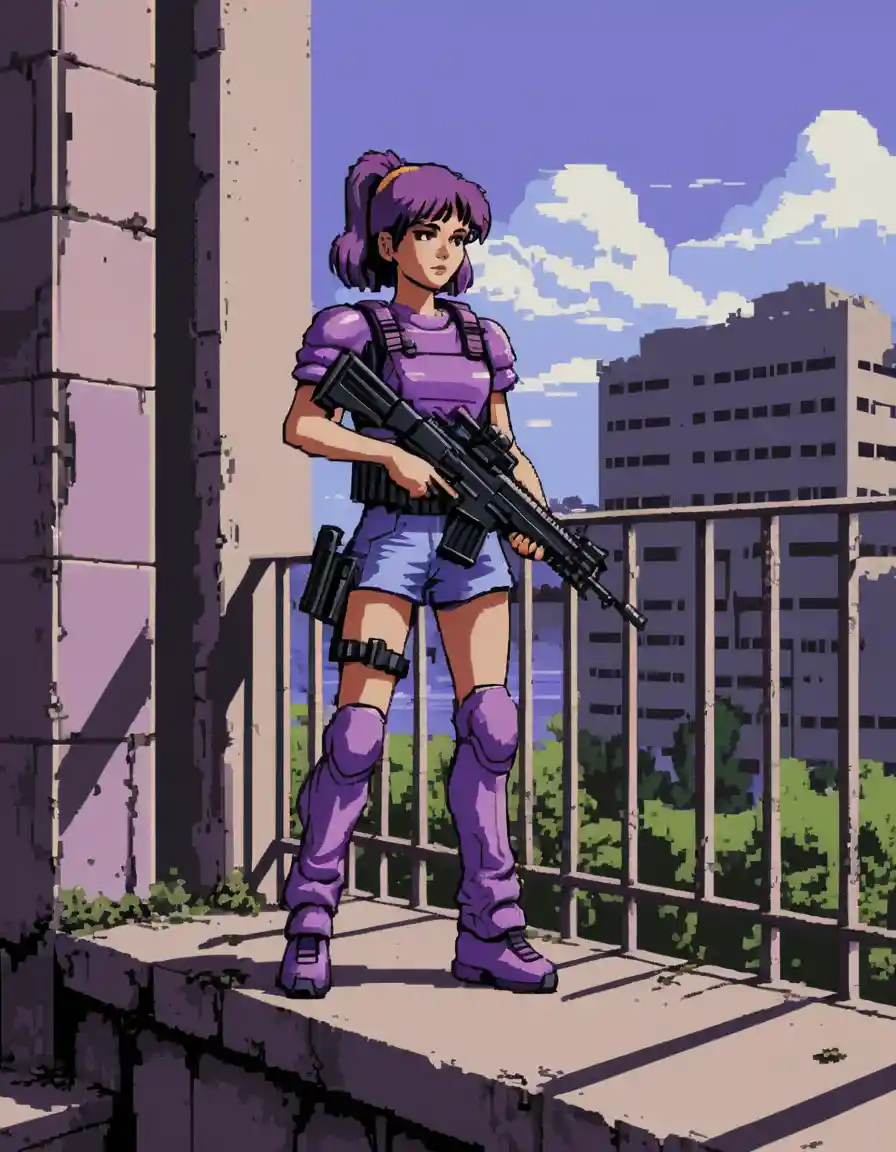 Carta pixel art luminosa con una ragazza armata di fucile d'assalto su un balcone