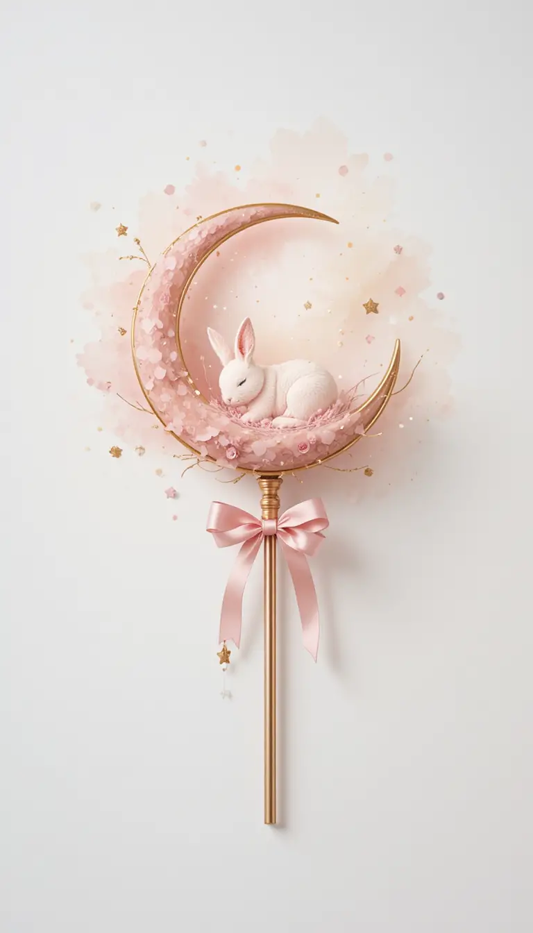 A Sleeping Pink Rabbit Nestles Within a Golden Crescent Moon on a Fairy Wand