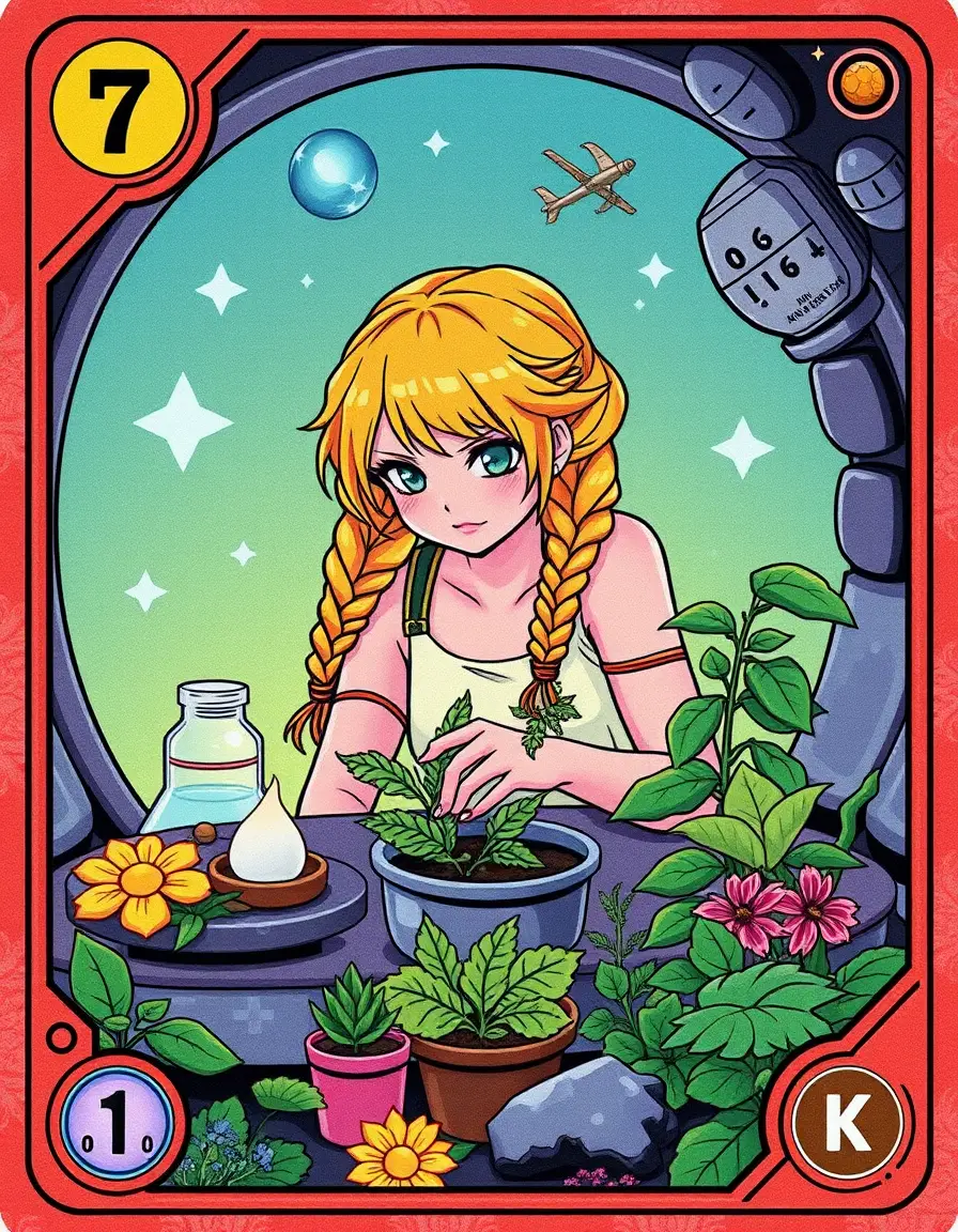 Una ragazza in pixel art con una treccia giallo limone raccoglie erbe in un habitat spaziale