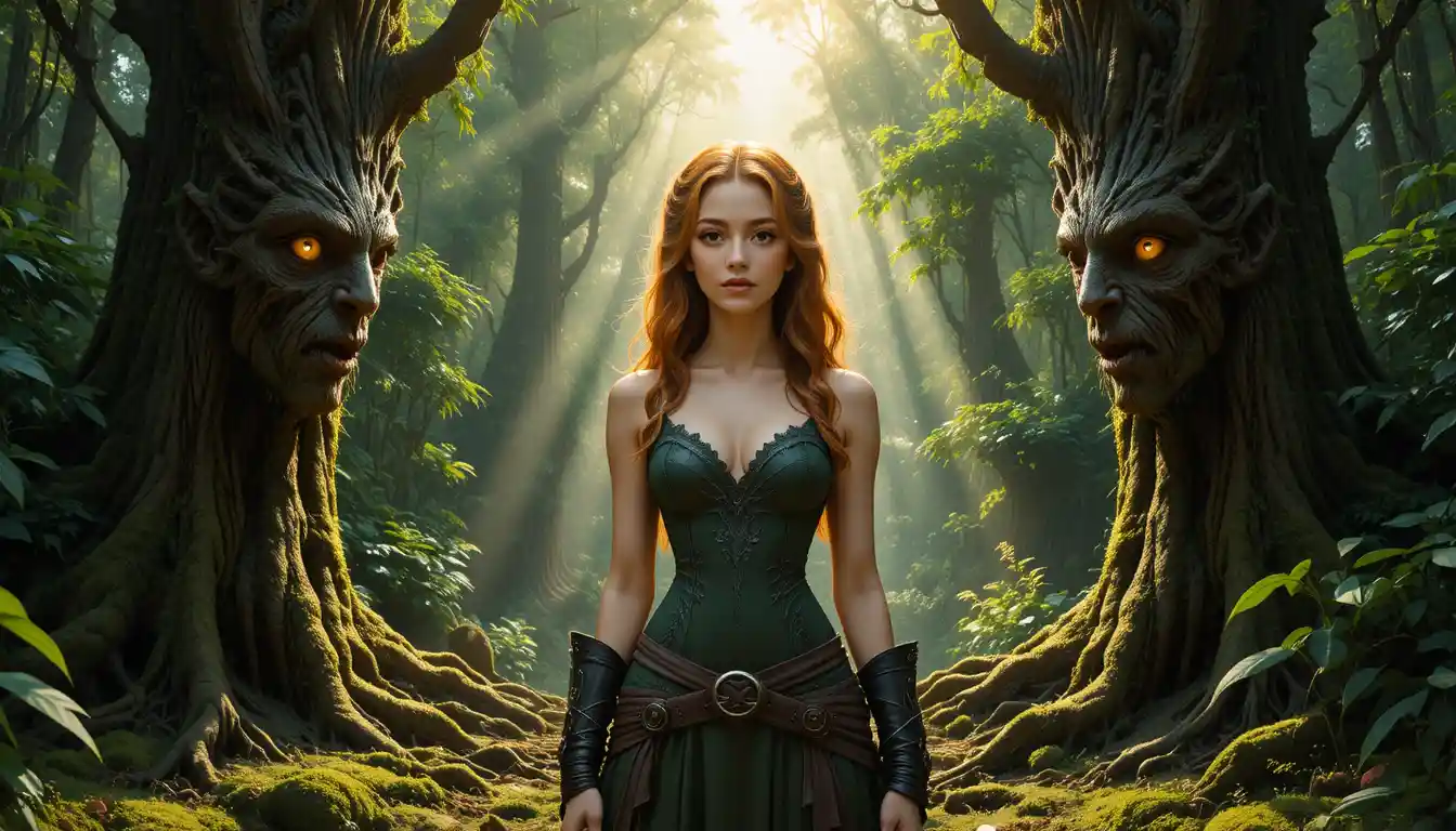 A Fantasy Woman Stands Between Watchful Trees in an Ancient Forest