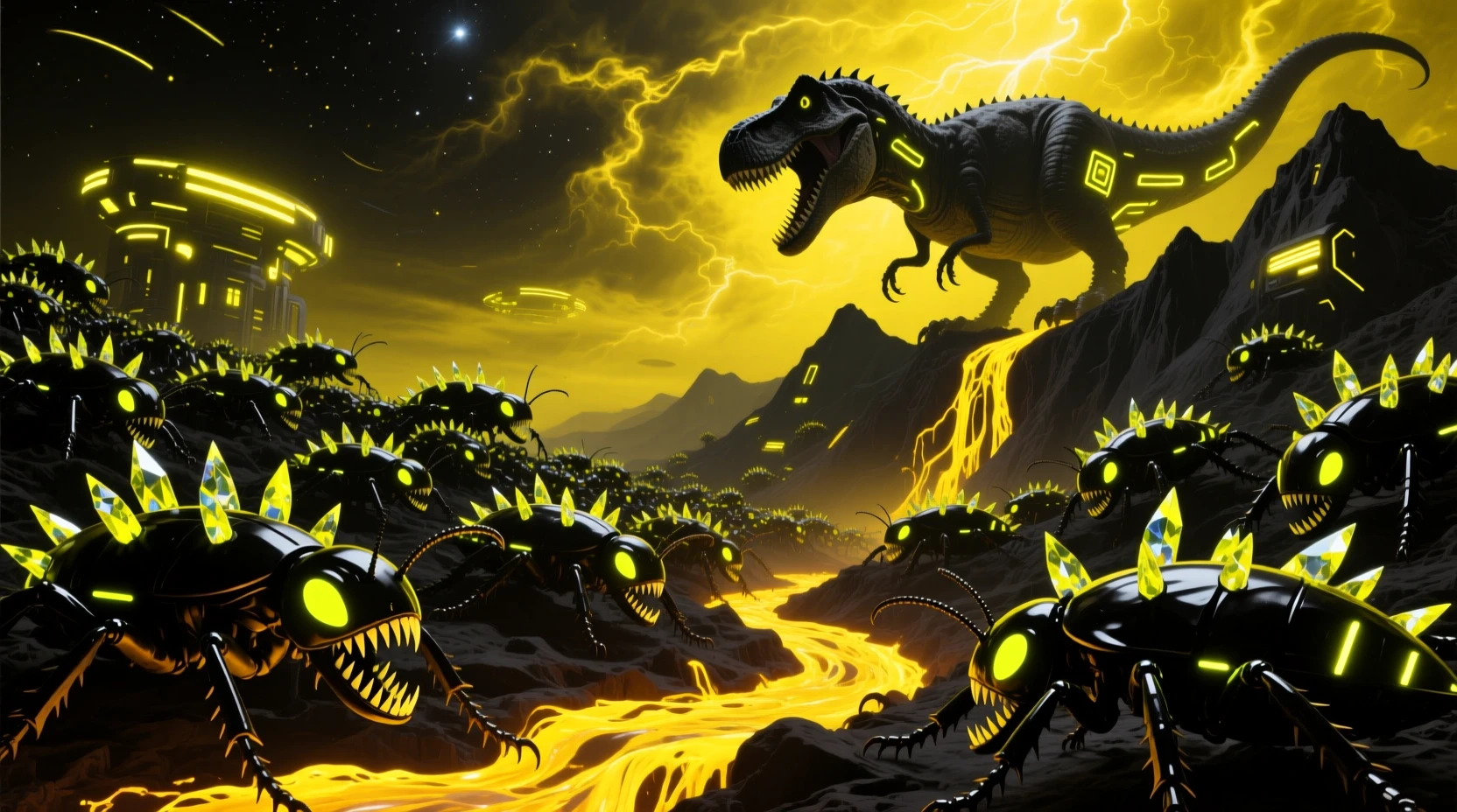 A swarm of mutated insects crawls across a lava streaked mountain