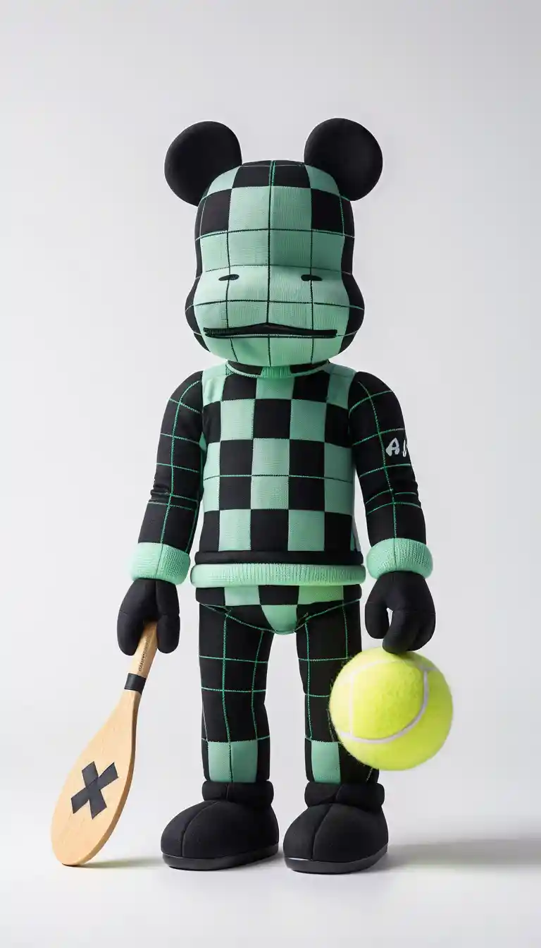 Ein plüschiges Schachspringer-Maskottchen hält in sportlicher Pose einen Padel-Schläger