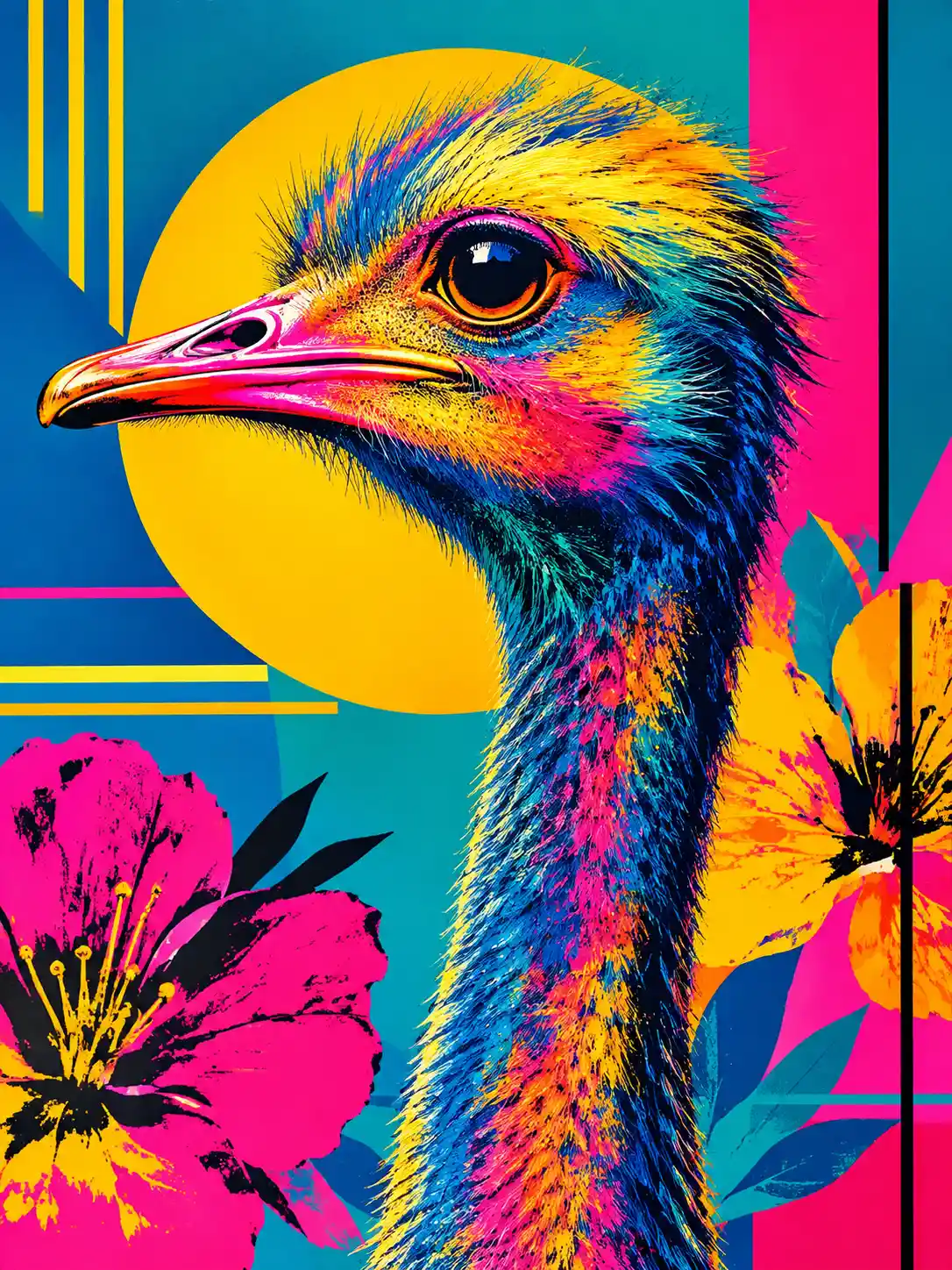 Ritratto di struzzo in pop art neon con profilo laterale equilibrato