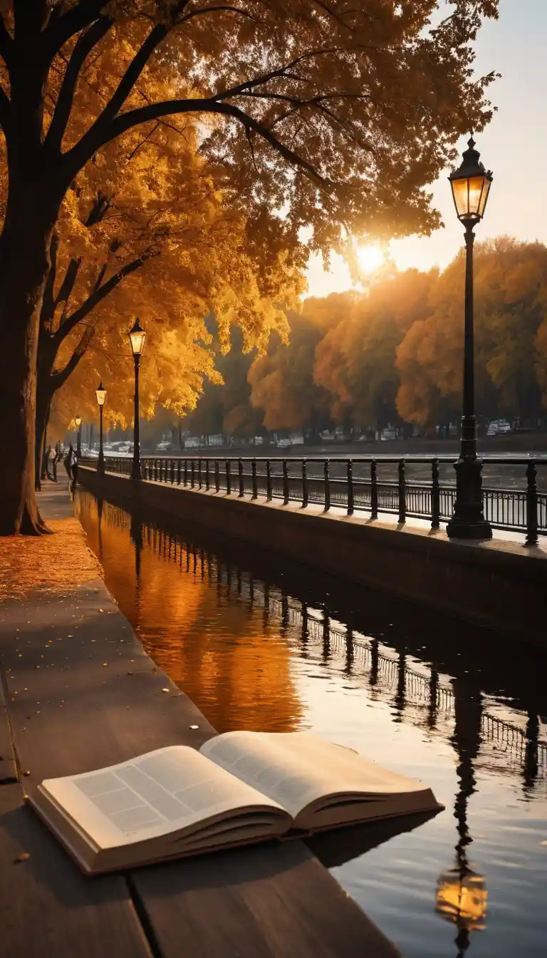 Un fiume autunnale e un ponte cittadino al tramonto d'autunno