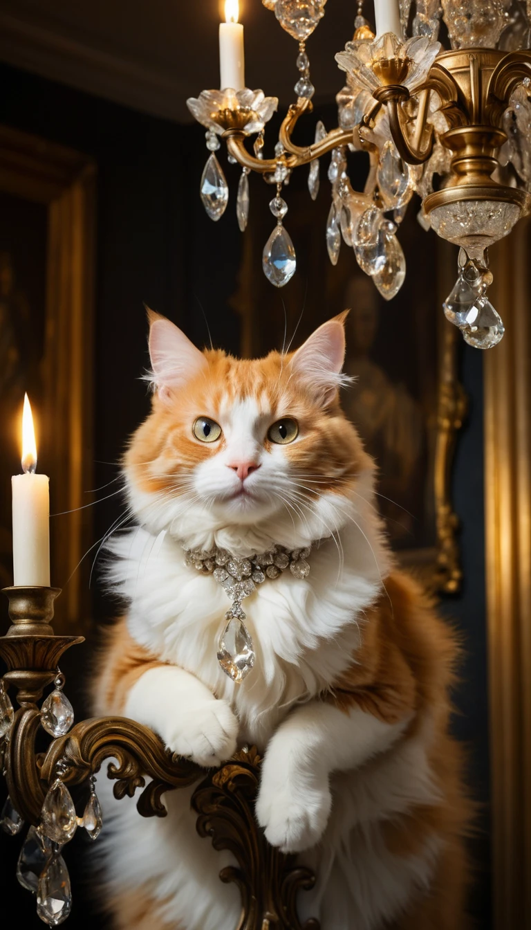 Un gatto rosso e bianco si aggrappa a un lampadario di cristallo
