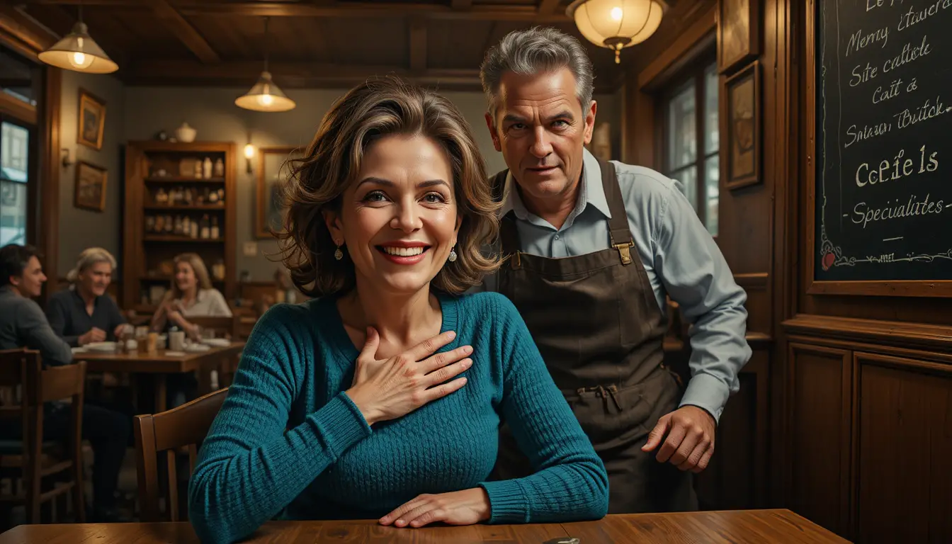 A middle-aged woman smiles across a cafe table during a tense encounter