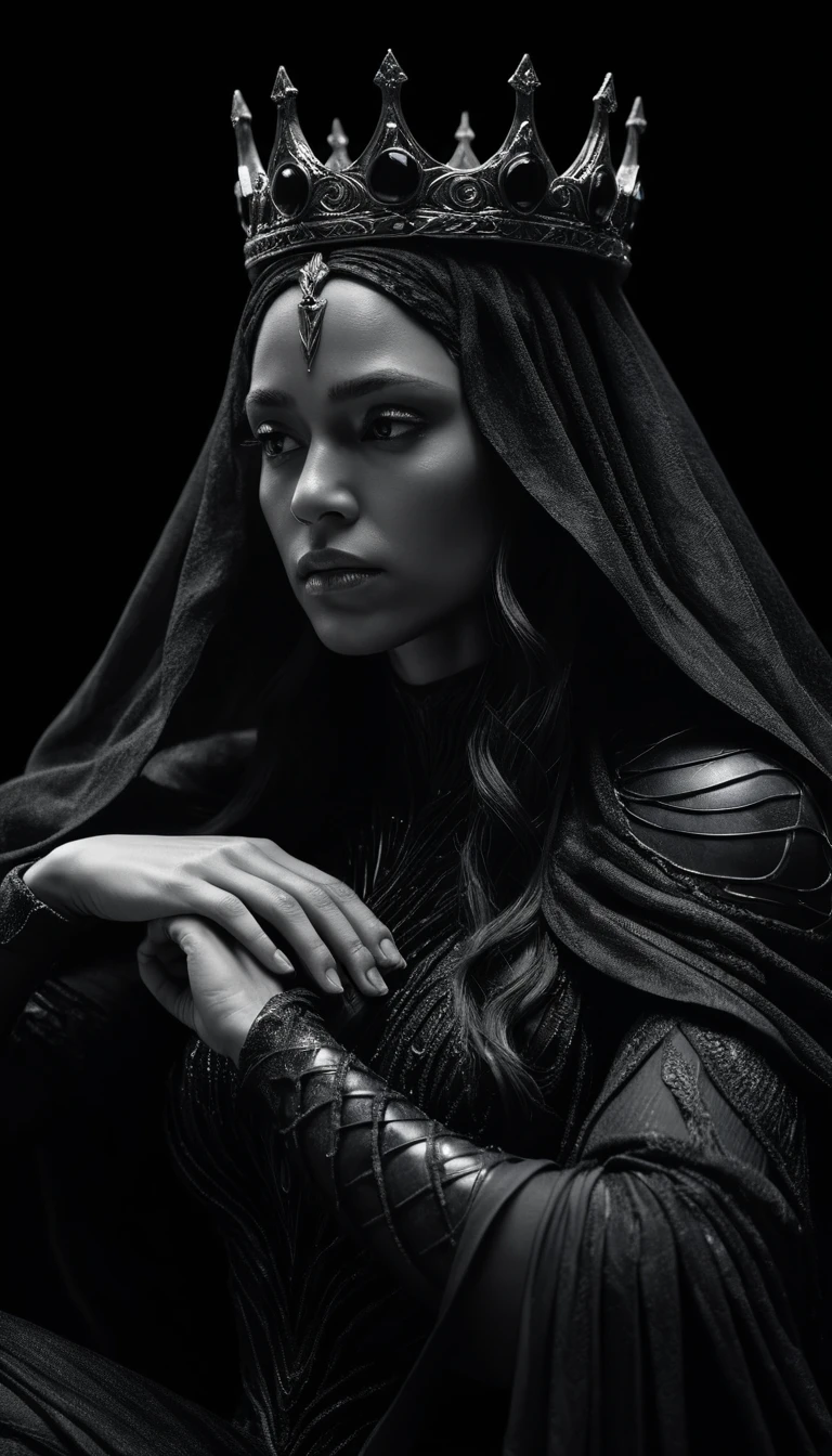 A Valkyrie warrior woman sits curled beneath a cascading veil, gazing upward