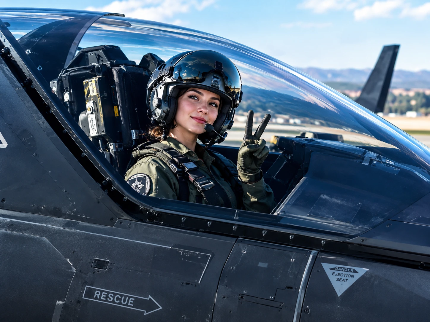 A girl pilot flashes a peace sign inside a hypersonic fighter jet