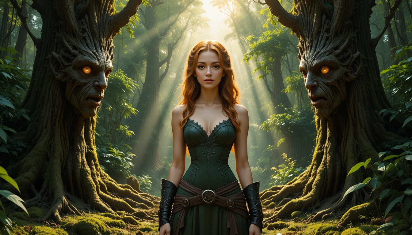 A Fantasy Woman Stands Between Watchful Trees in an Ancient Forest
