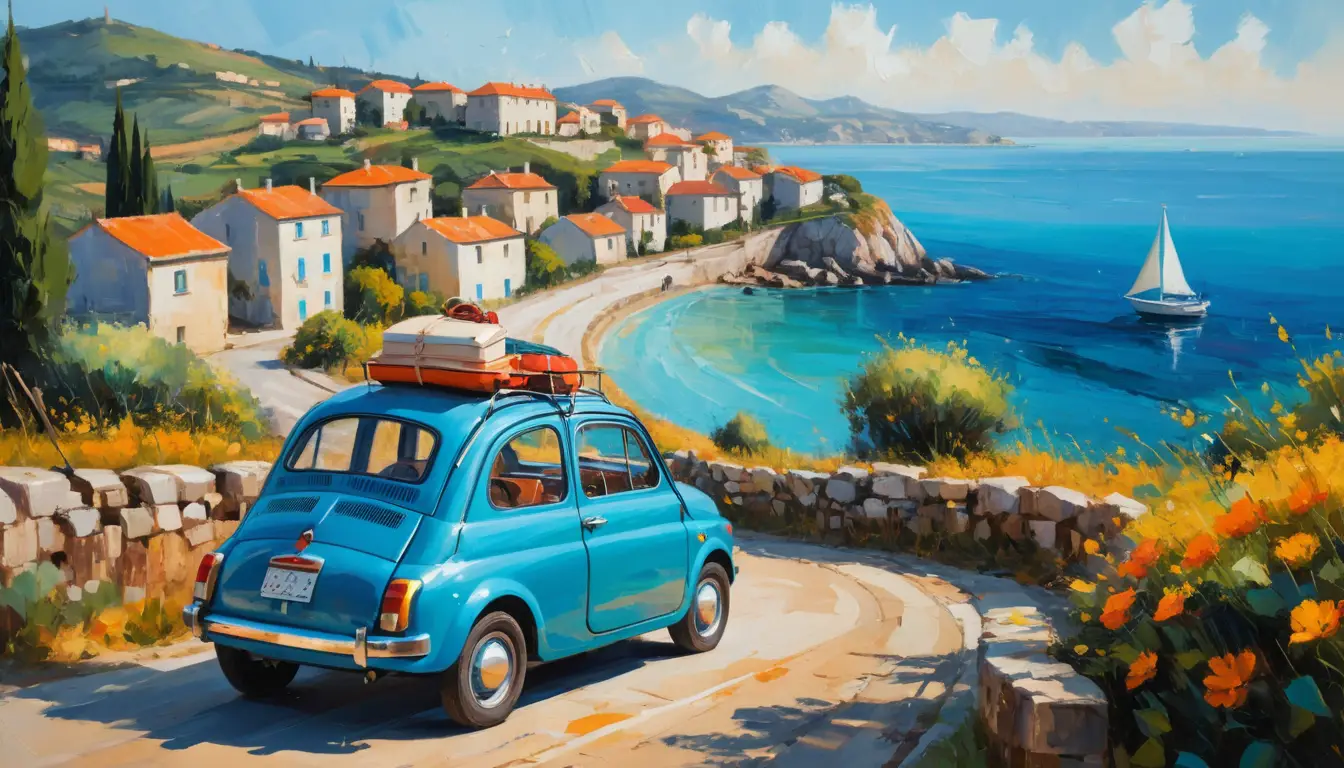 A vintage Fiat drives along a winding coastal road