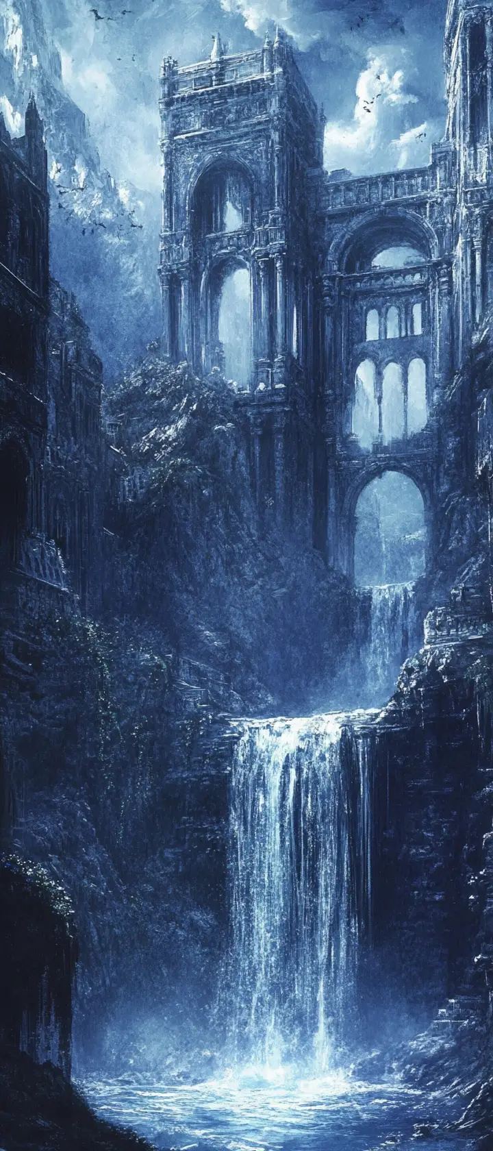 A waterfall flows through gothic ruins in a mysterious watercolor scene