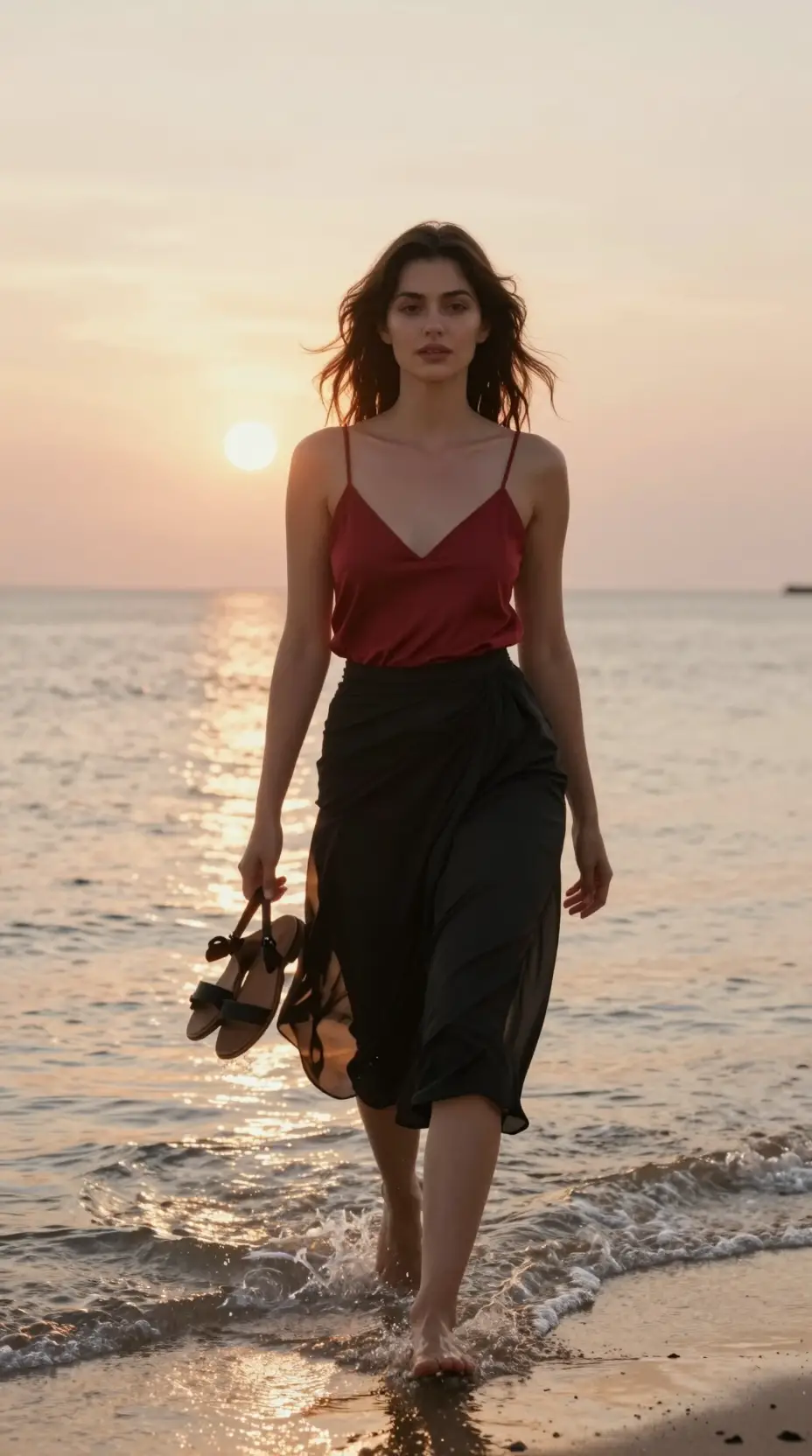 A woman in red walks through shallow seawater at golden hour