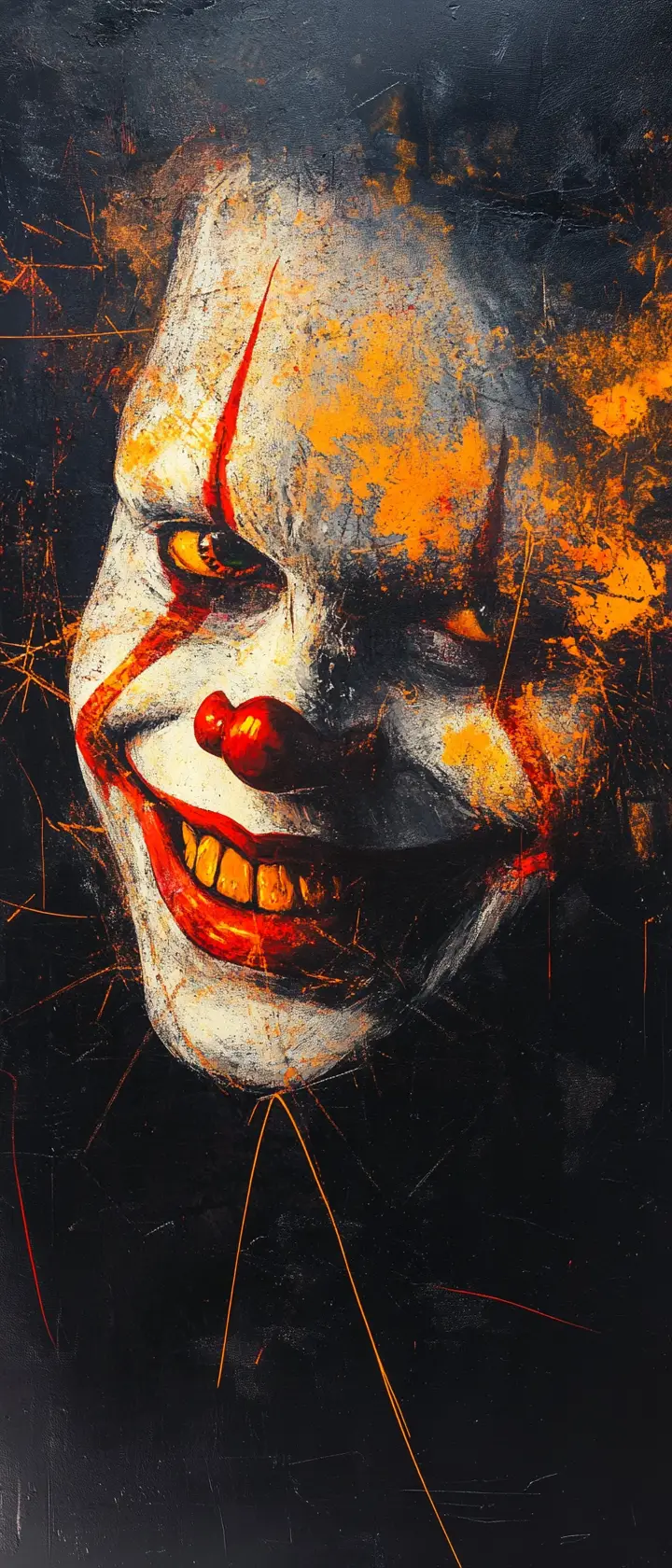 Un sorriso frammentato da clown risplende davanti a un profondo vuoto nero