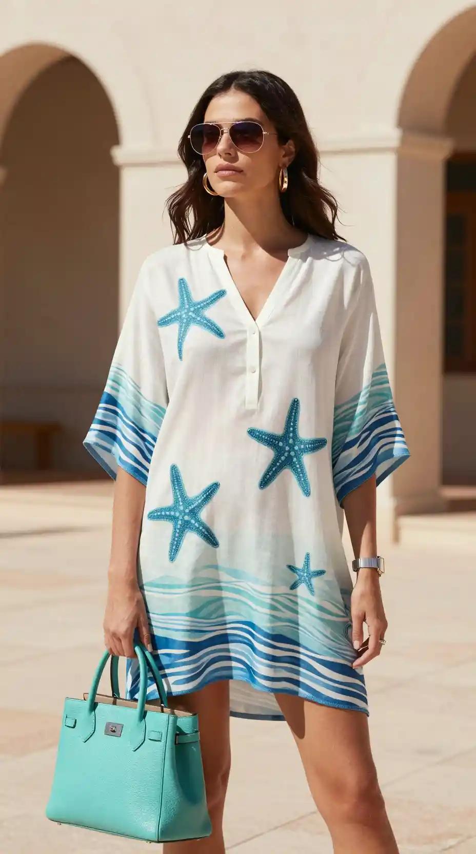 Una donna elegante indossa una tunica con stelle marine davanti all’architettura della Riviera