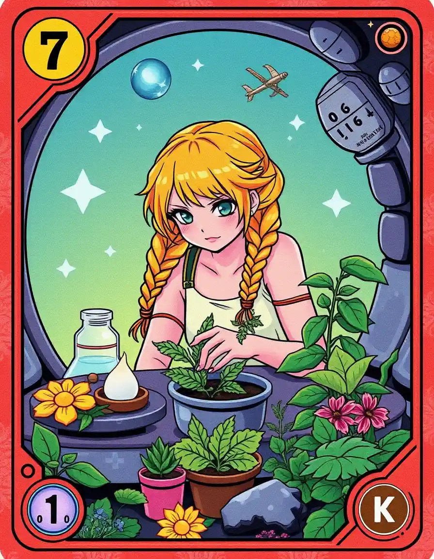 Una ragazza in pixel art con una treccia giallo limone raccoglie erbe in un habitat spaziale