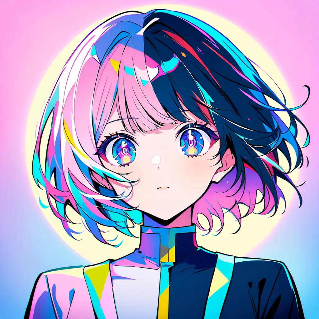 An anime character with dark hair against a blue to pink gradient