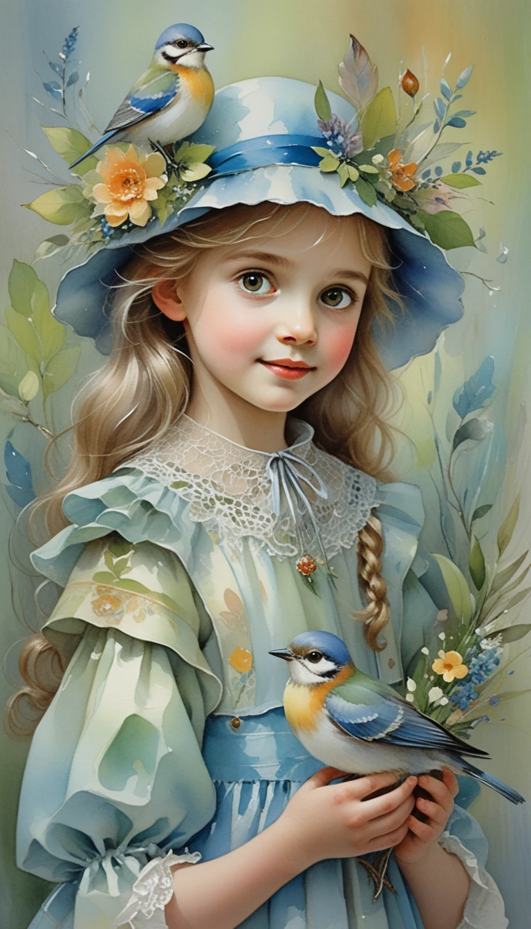 A smiling girl holds a tiny bird in her storybook portrait