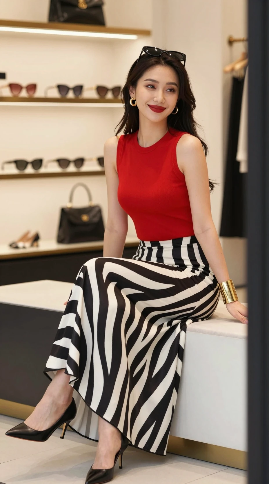 A stylish woman sits in a boutique wearing a zebra striped skirt
