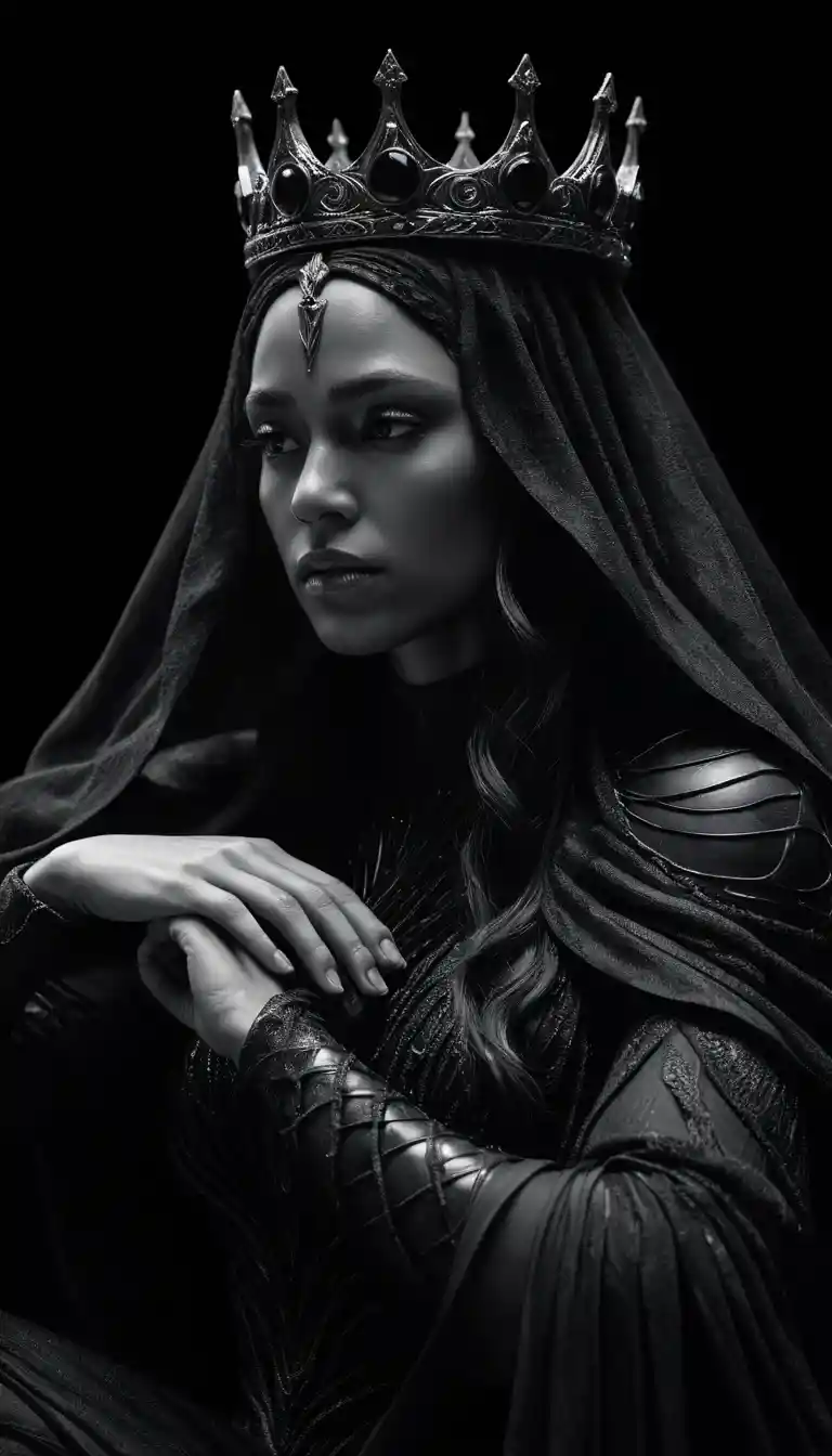 A Valkyrie warrior woman sits curled beneath a cascading veil, gazing upward