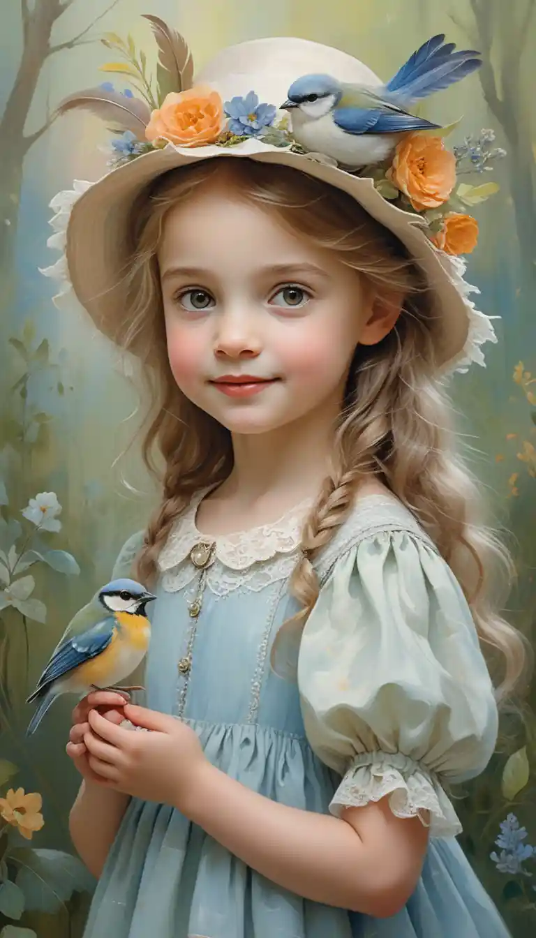 A smiling girl in a blue bonnet holds a tiny bird and wand