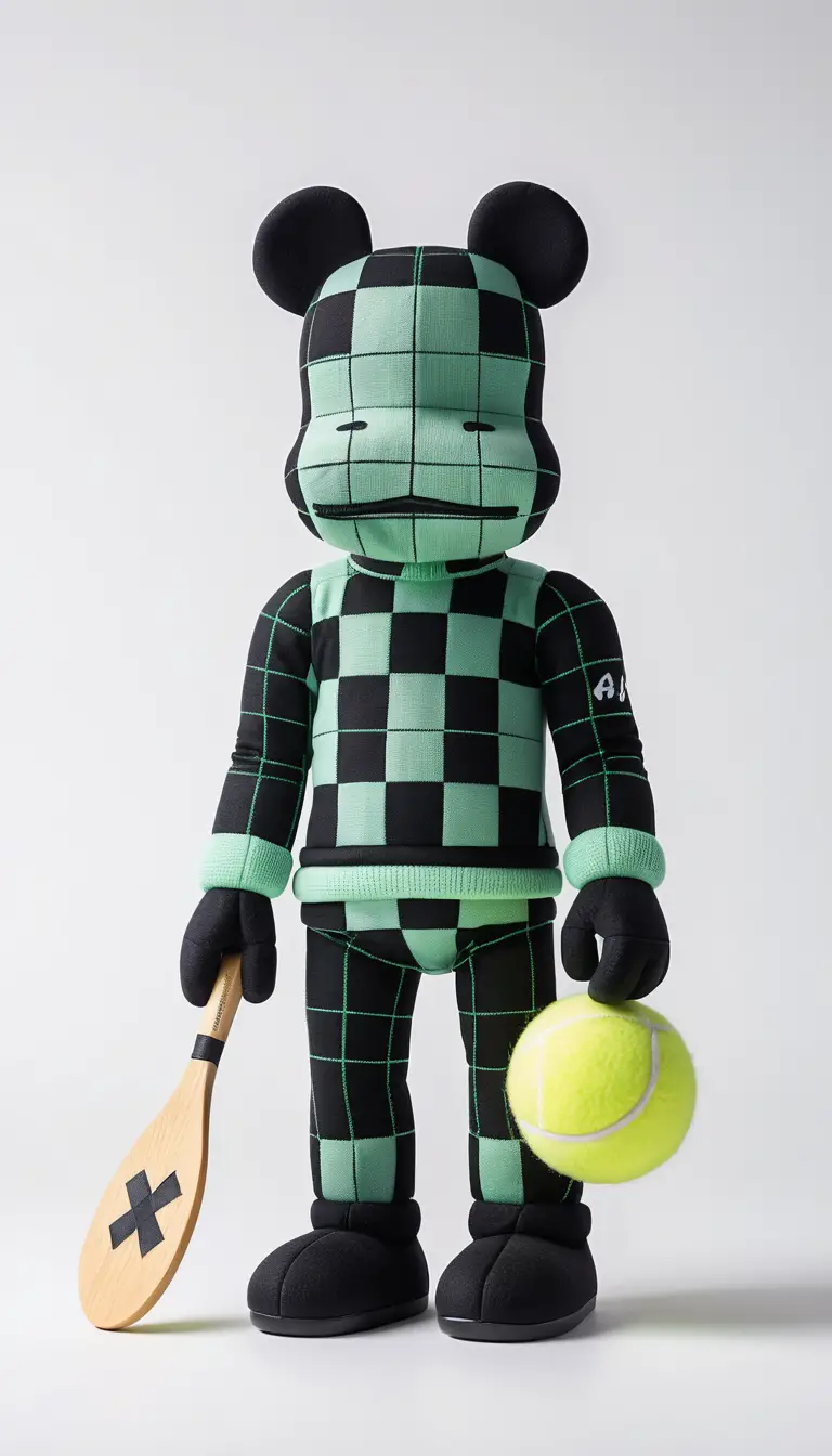 Ein plüschiges Schachspringer-Maskottchen hält in sportlicher Pose einen Padel-Schläger