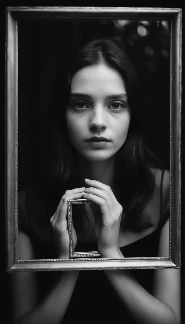 A Young Woman Holds a Picture Frame Before Her Face in Shadow