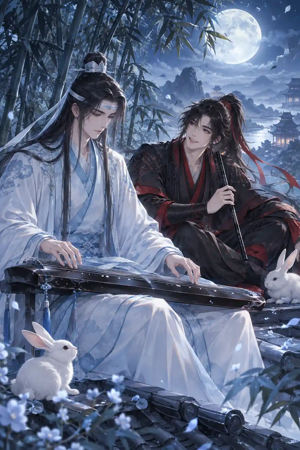 Un musicista in veste suona il guqin sotto la luna su un tetto