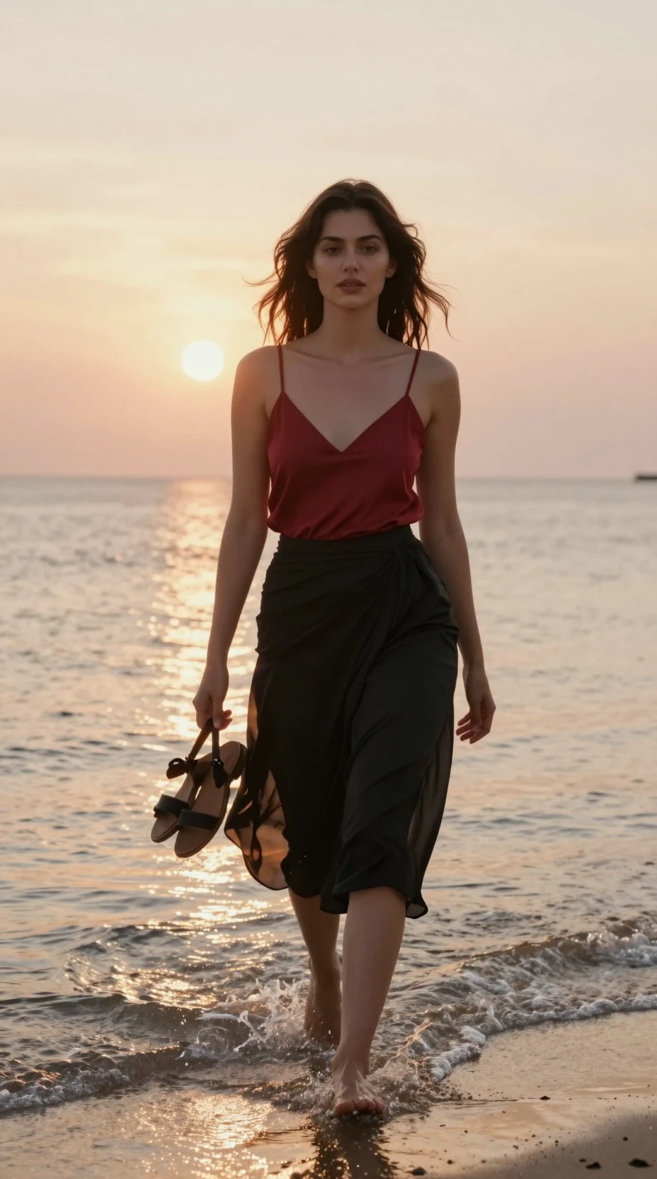 ゴールデンアワー、赤い服の女性が浅瀬を歩く