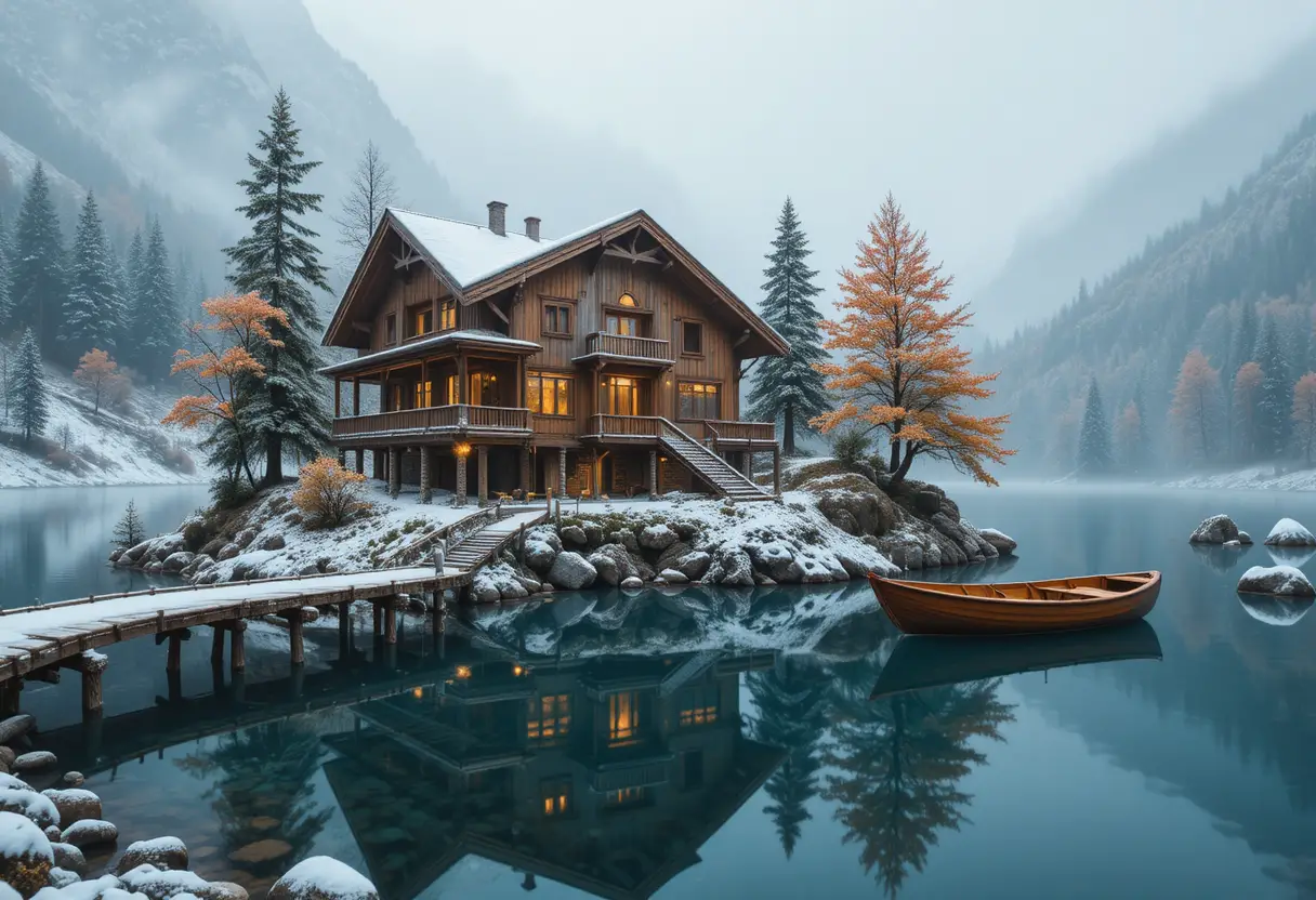 A warmly lit wooden chalet beside a misty mountain lake