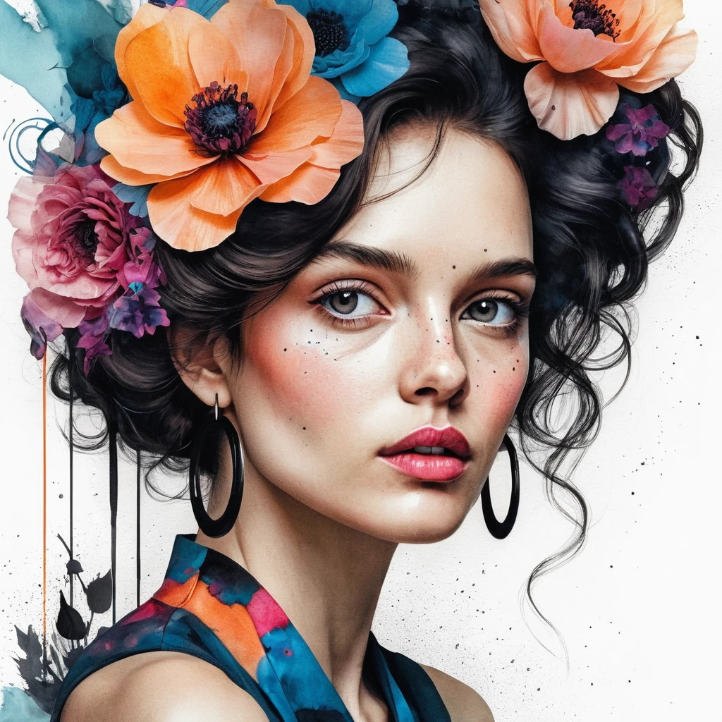 A fashion illustration portrait with floral hair and bold features