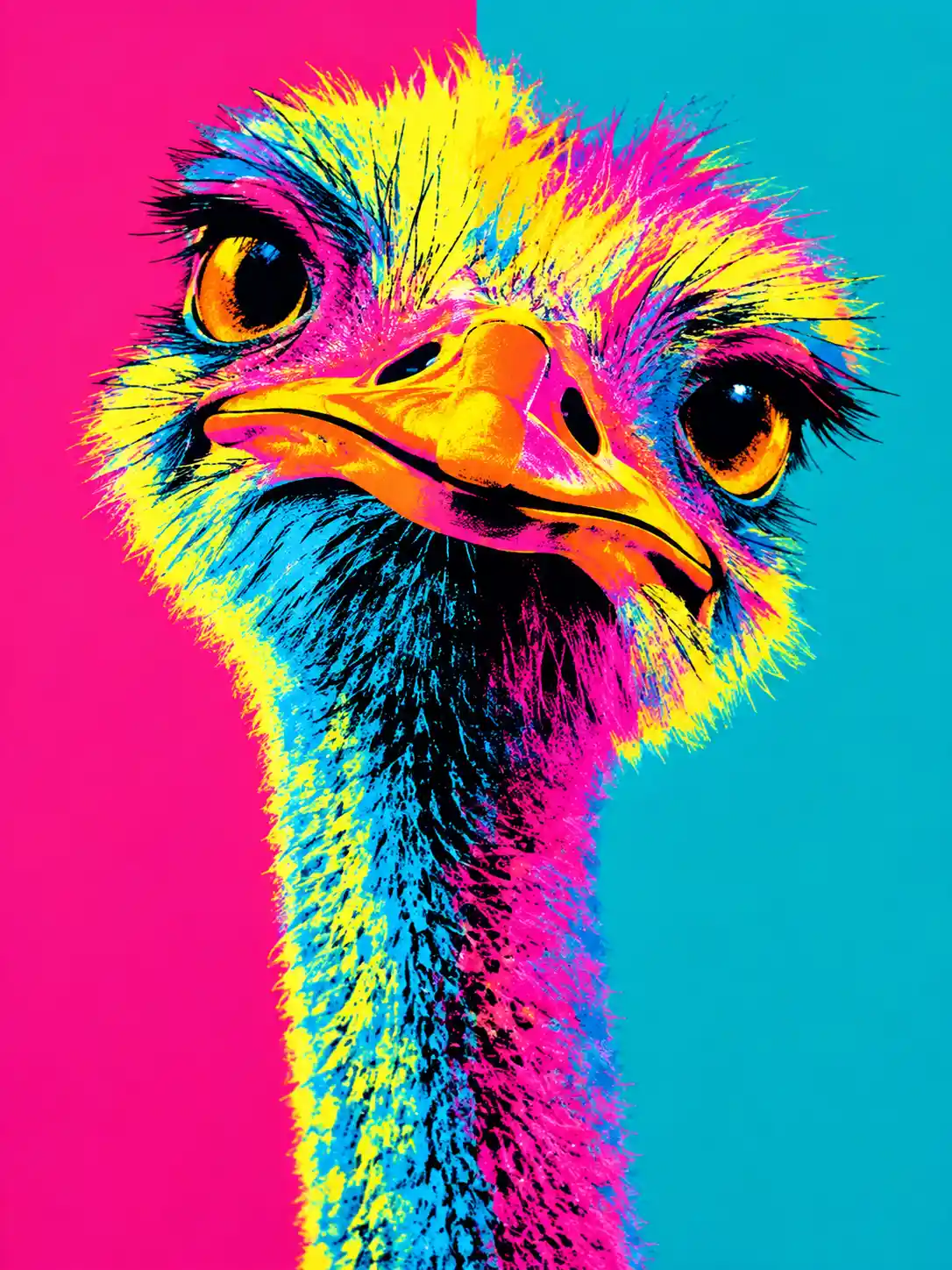 Ritratto di uno struzzo di profilo in stile pop art neon