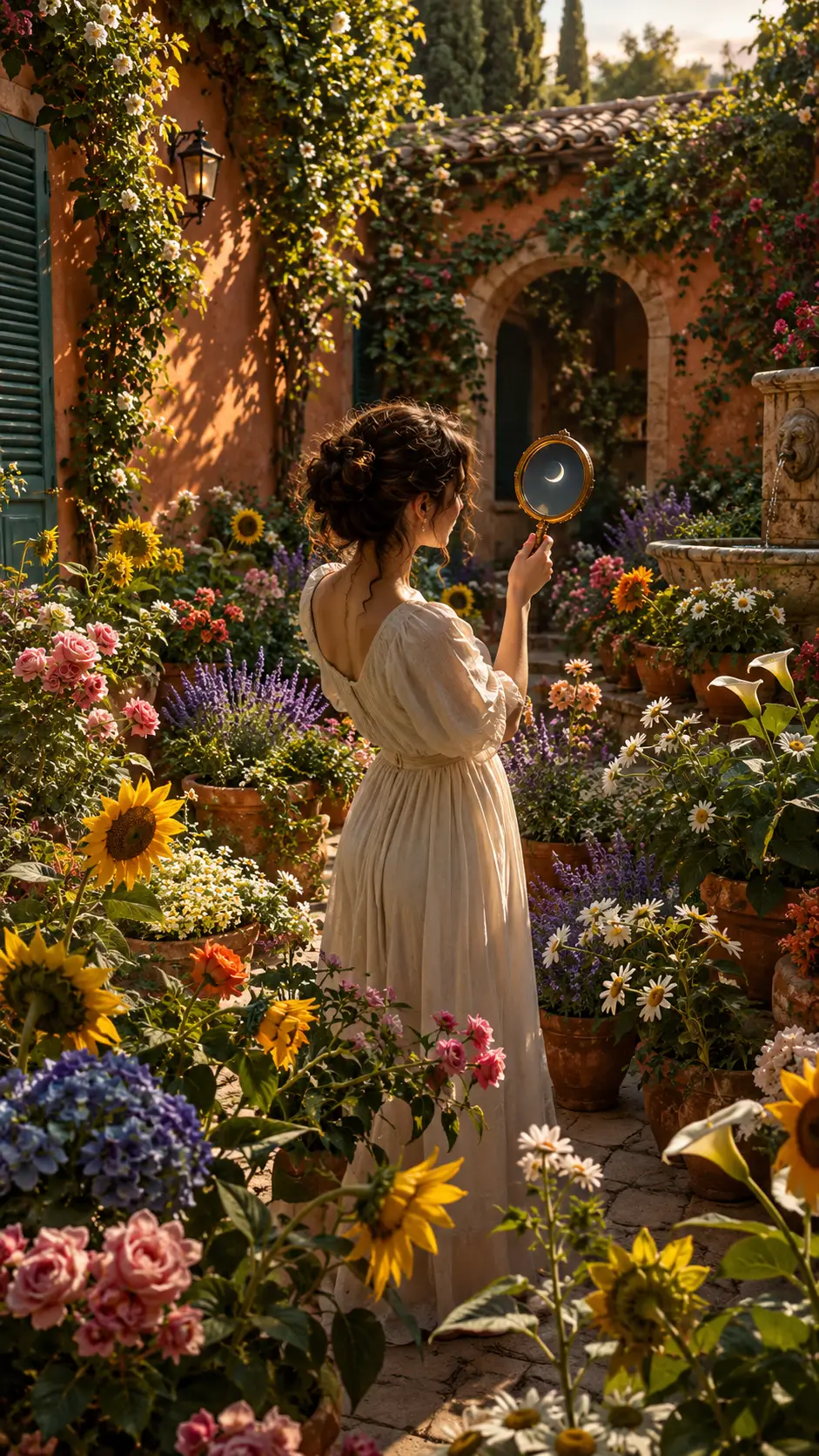 A woman finds a hidden moon reflected among courtyard flowers