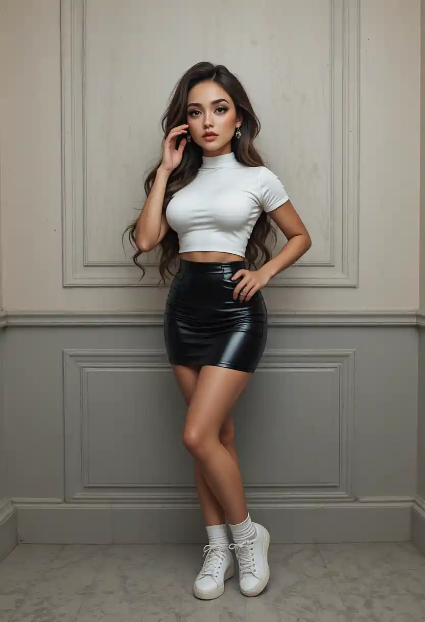 A poised woman models a glossy black mini skirt in a minimalist studio