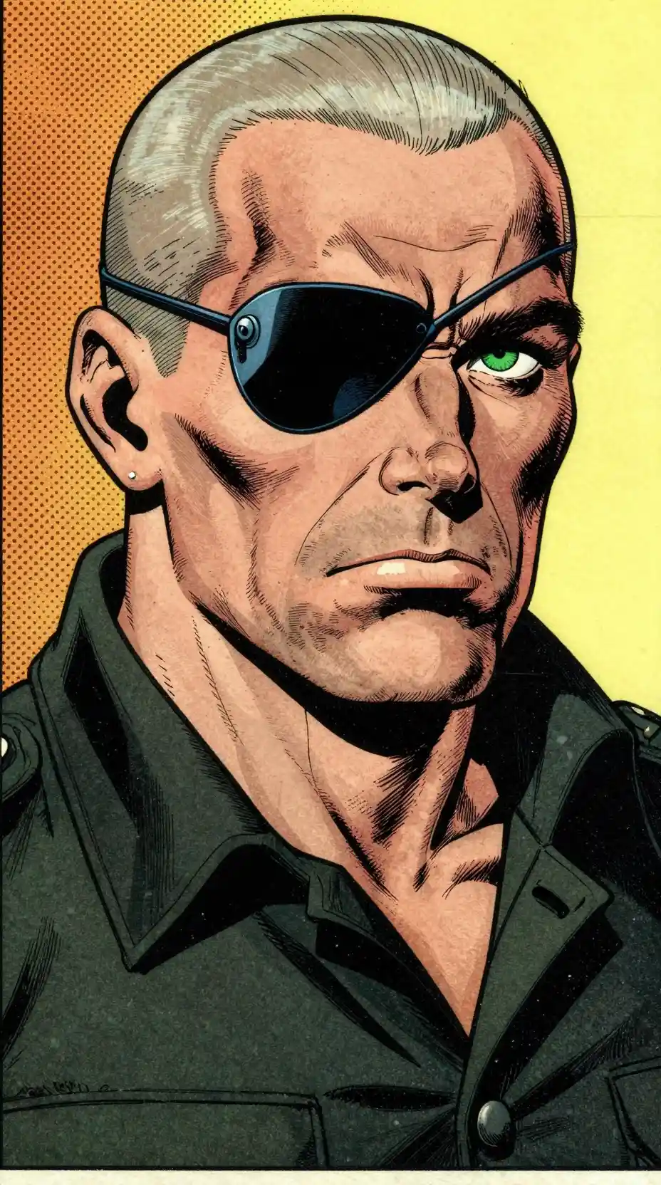A Stern Man With a Bolted Metal Eye Patch in a Vintage Comic Panel