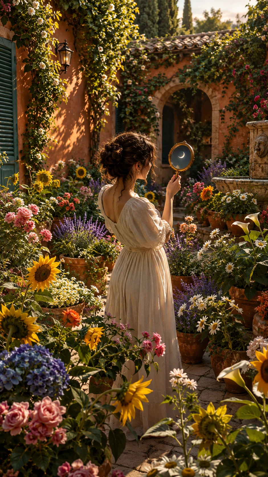 A woman finds a hidden moon reflected among courtyard flowers