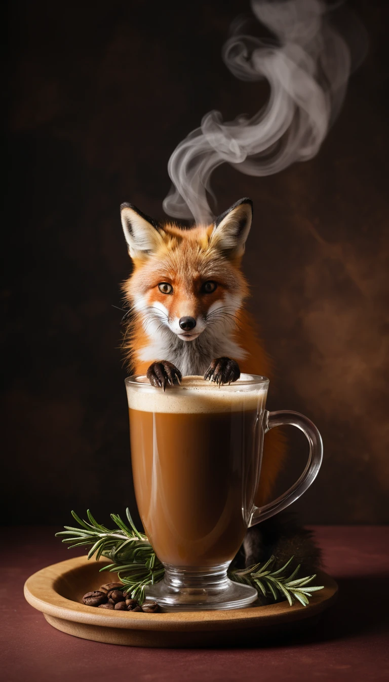 A red fox wraps its tail around a steaming glass of rosemary coffee