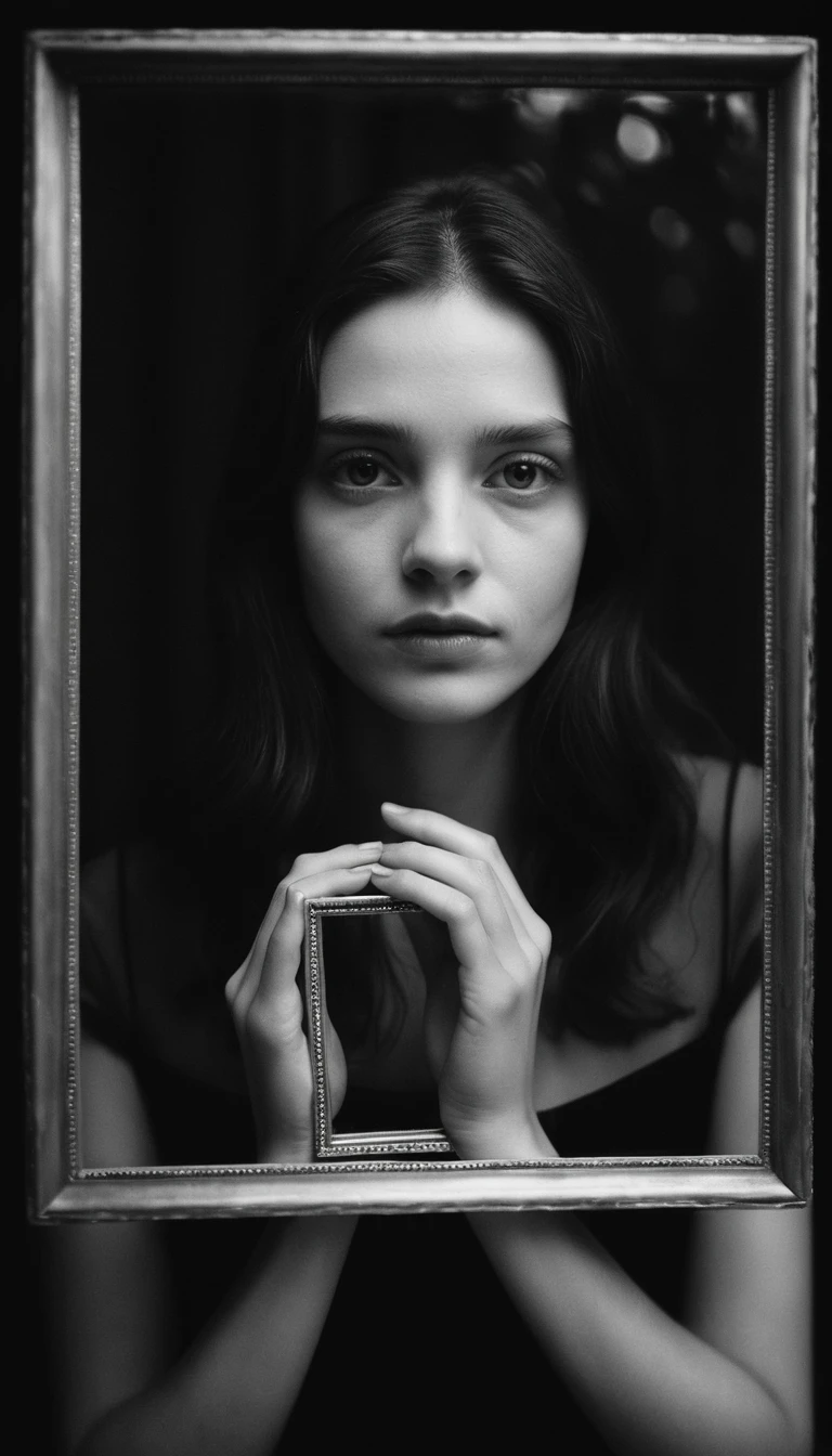 A Young Woman Holds a Picture Frame Before Her Face in Shadow