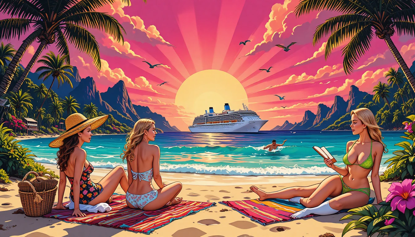 Women sunbathe beside a tropical ocean beneath a fiery sunset