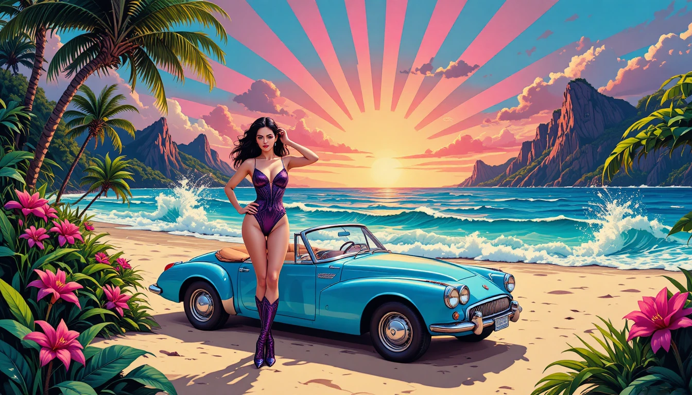 Uma mulher posa ao lado de um conversível vintage em uma praia tropical