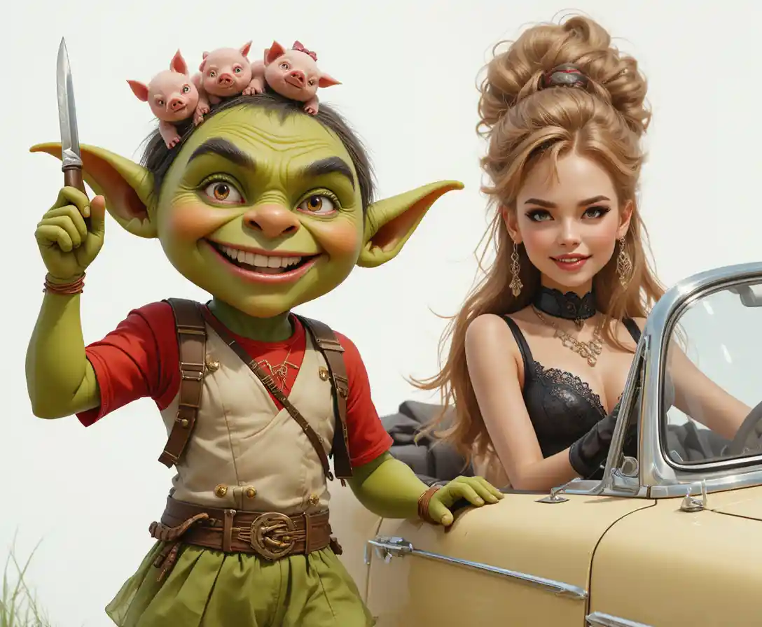 A Grinning Goblin Points Up Beside a Smiling Dog in a Convertible