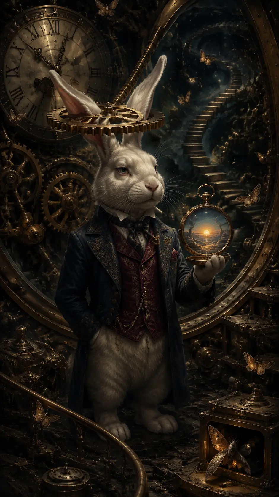 A rabbit in a blue waistcoat stands among gears inside an antique clock