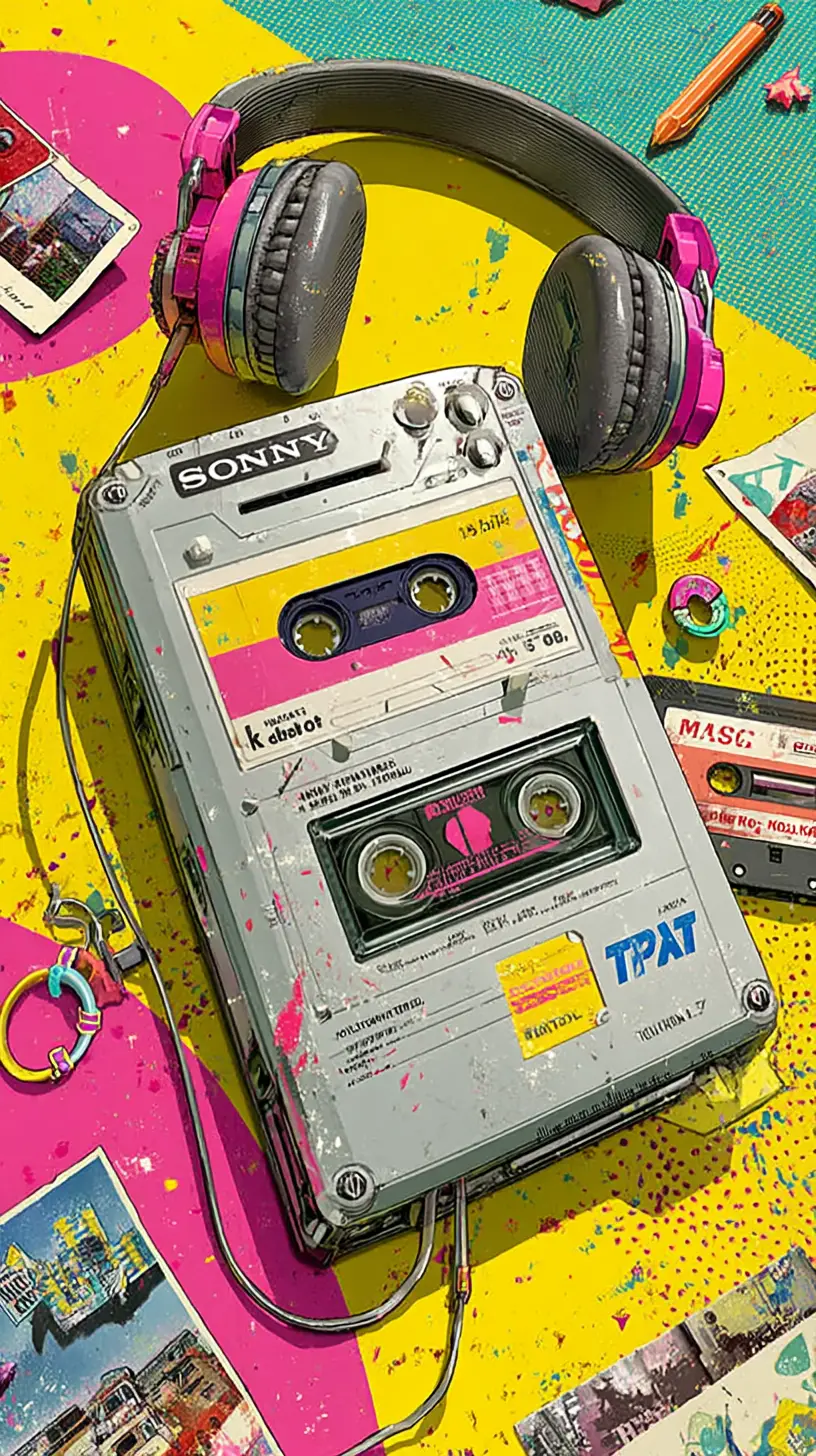 Un lettore di cassette vintage sospeso, con cuffie e una cassetta visibile