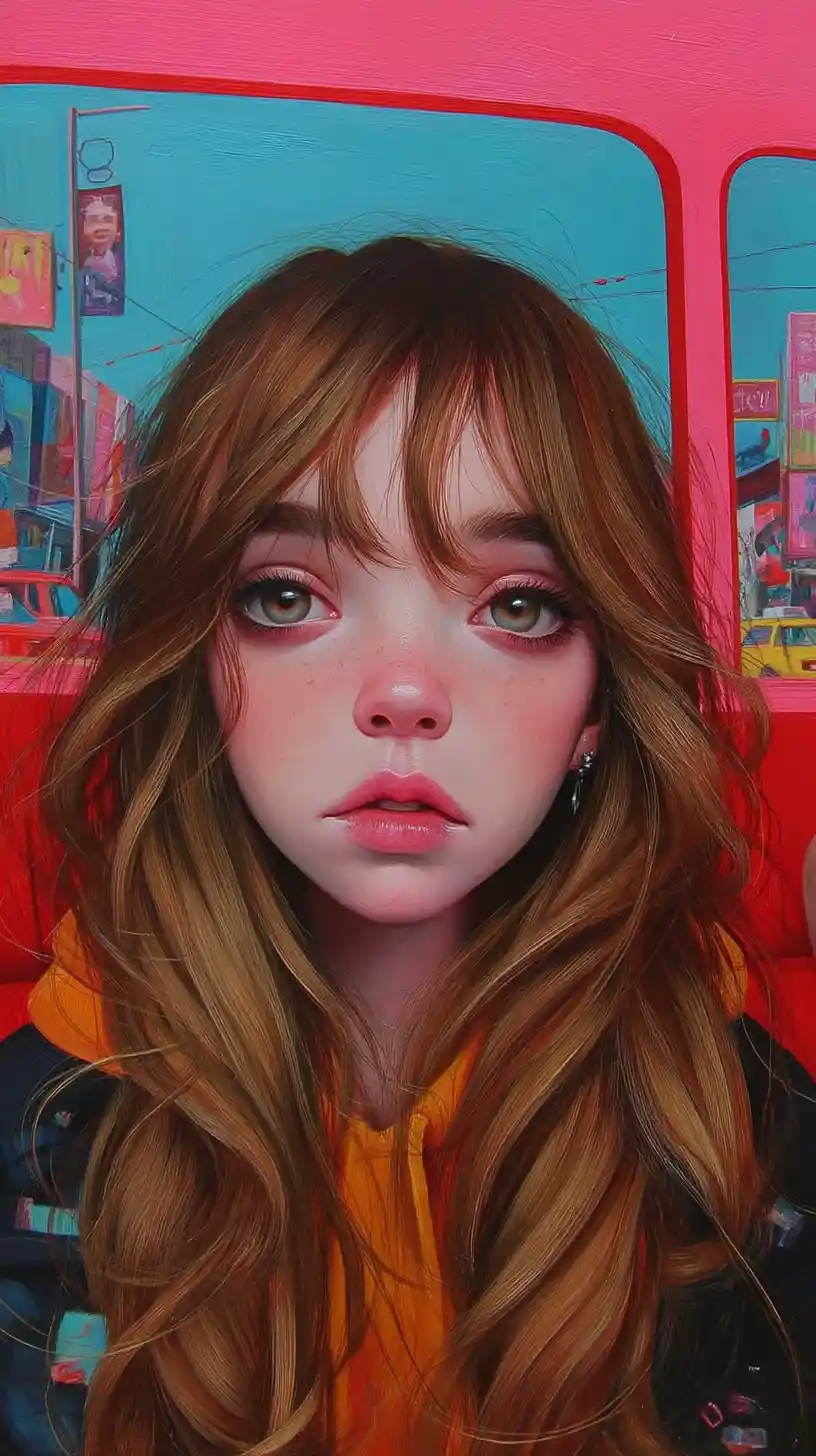 A young woman's expressive eyes anchor this illustrated portrait