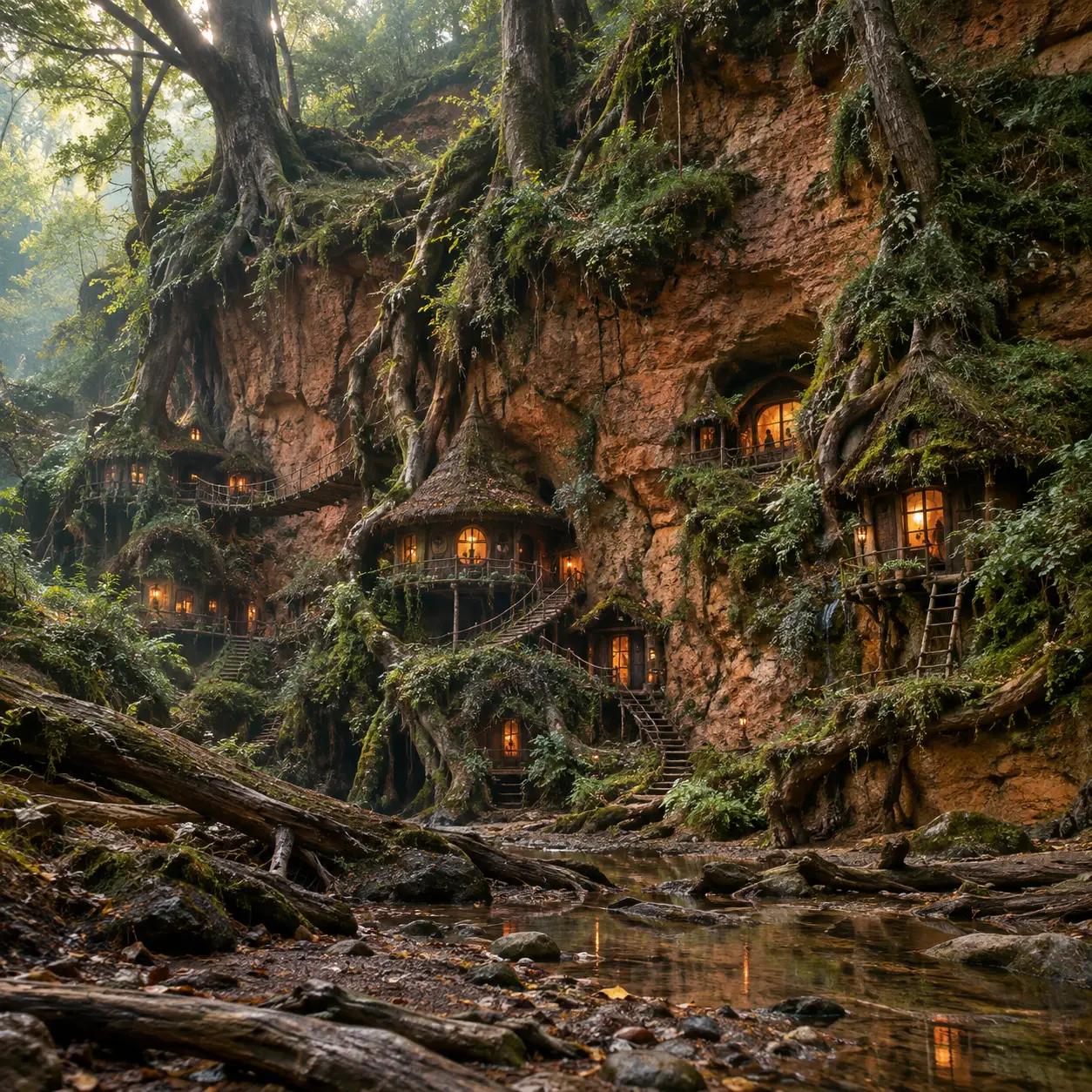 A hidden woodland settlement nestled beneath a towering clay cliff