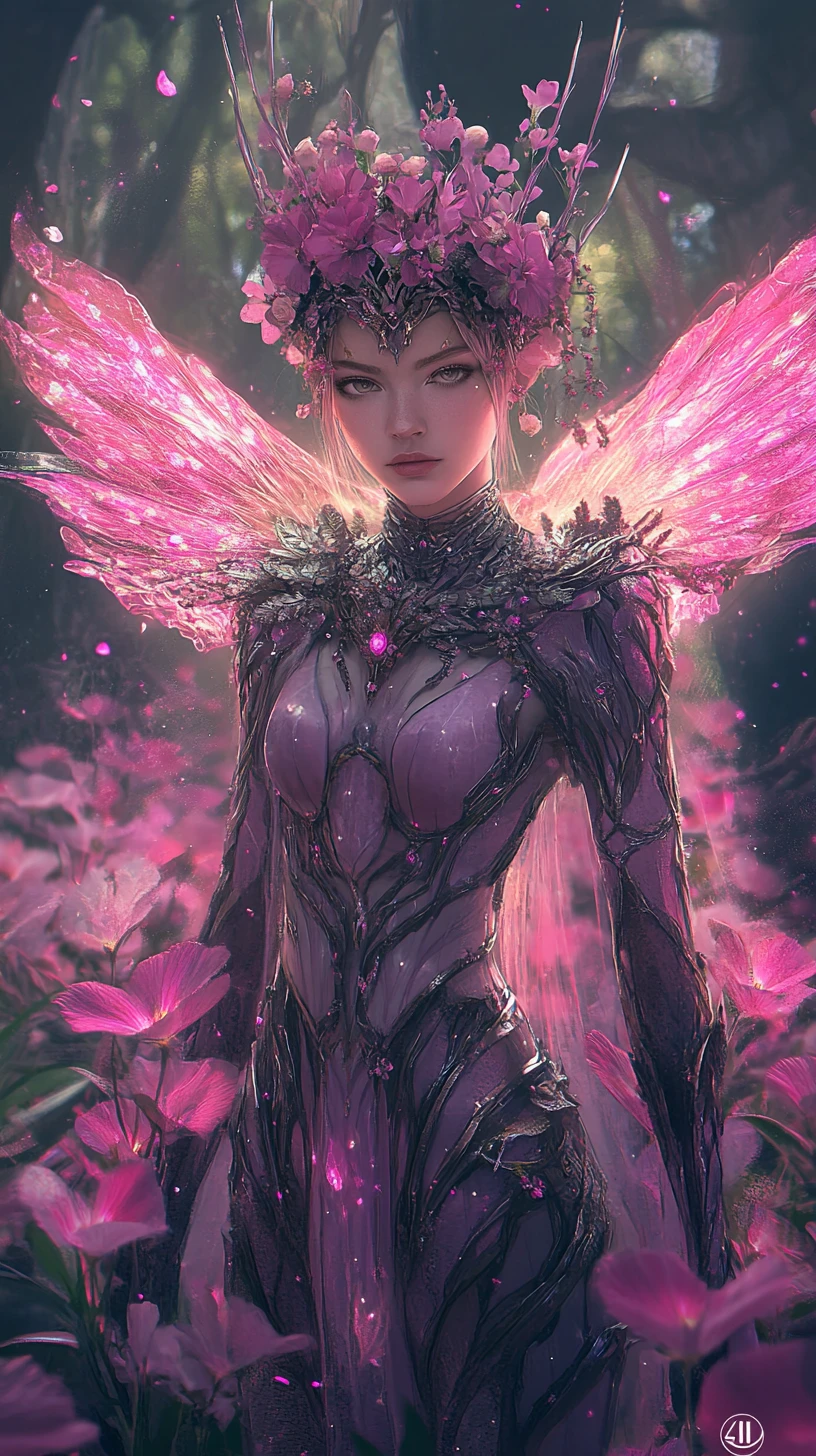A fantasy woman in floral armor among glowing flowers